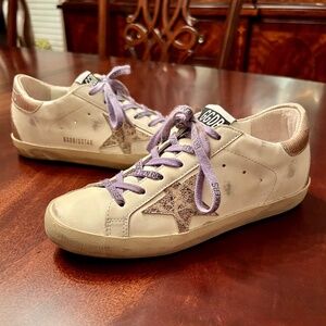 EUC Women's Golden Goose Super-Star White Leather Leopard Star Sneakers Shoes 37